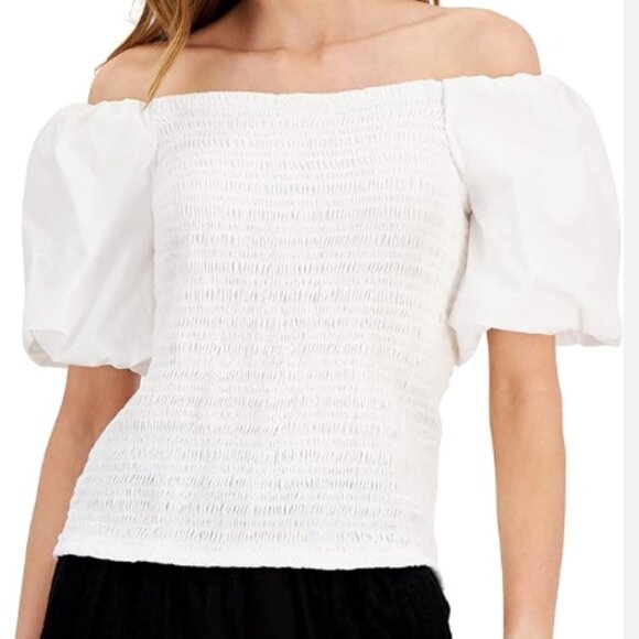 INC Short Puff Sleeve Off Shoulder Smocked Bodice Blouse - Washed White - PXL - Picture 8 of 8